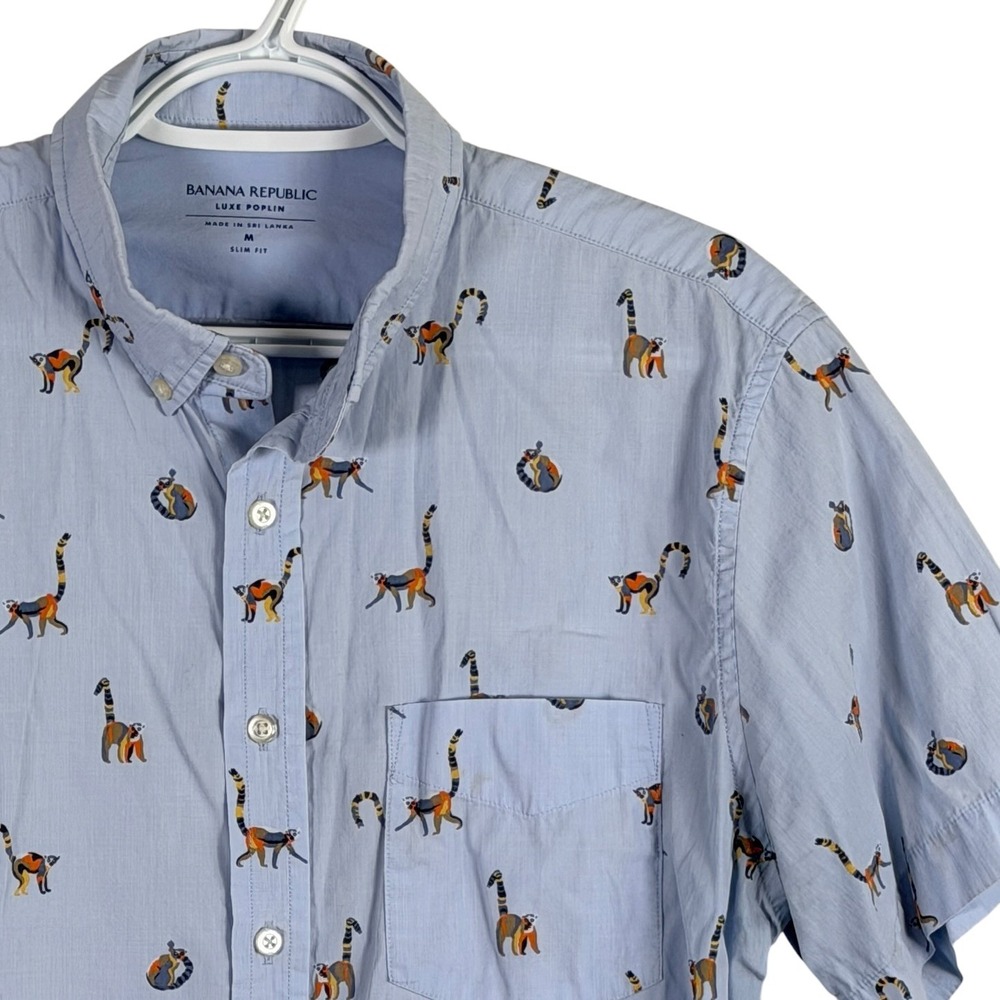 Banana Republic Luxe Poplin Shirt Button Down Mens M Blue Lemur Print Slim Fit